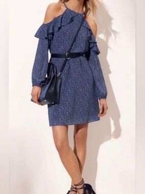 Michael Michael Kors Blue Ditzy Floral Ruffle Cold Shoulder Dress size XXS
